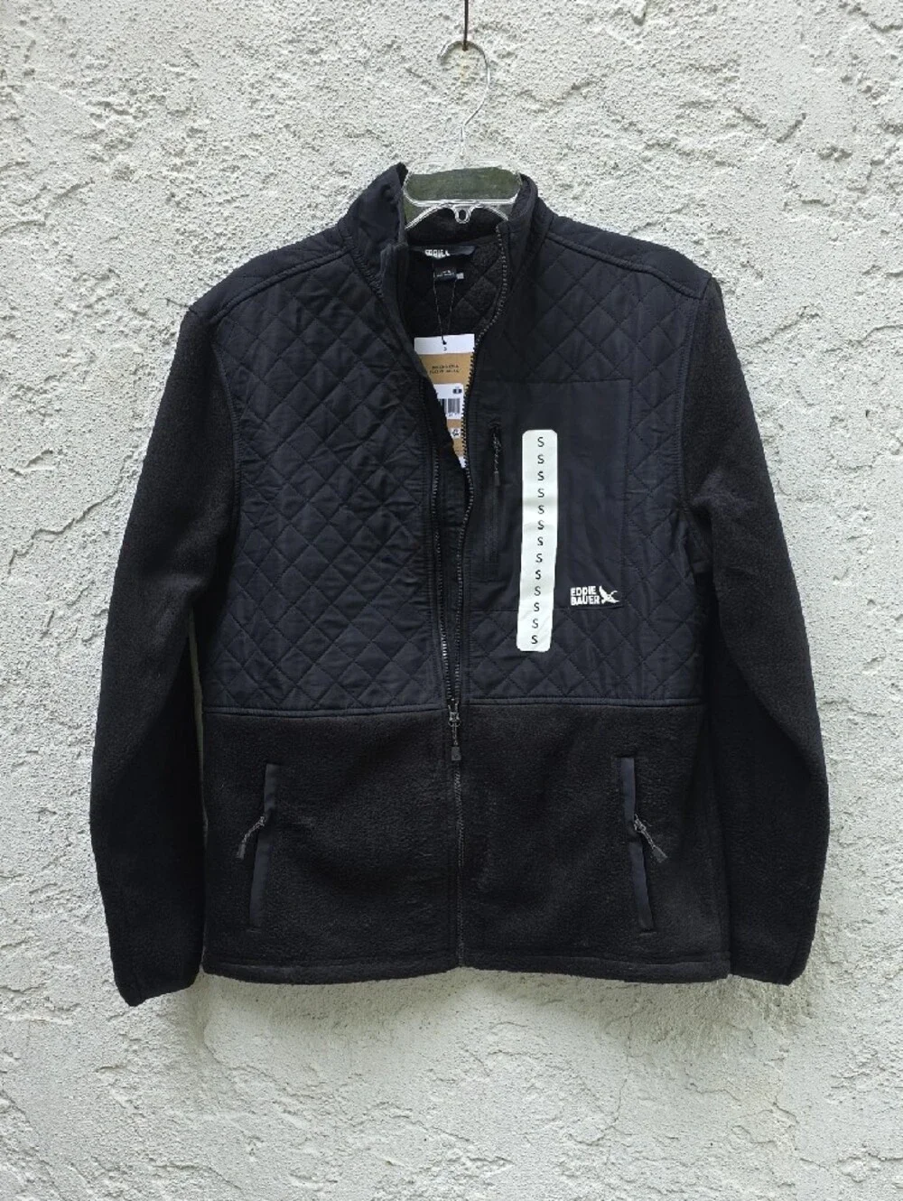 NWT Eddie Bauer Black Quilted Mixed Media Fleece Zip Up Jacket Size Small